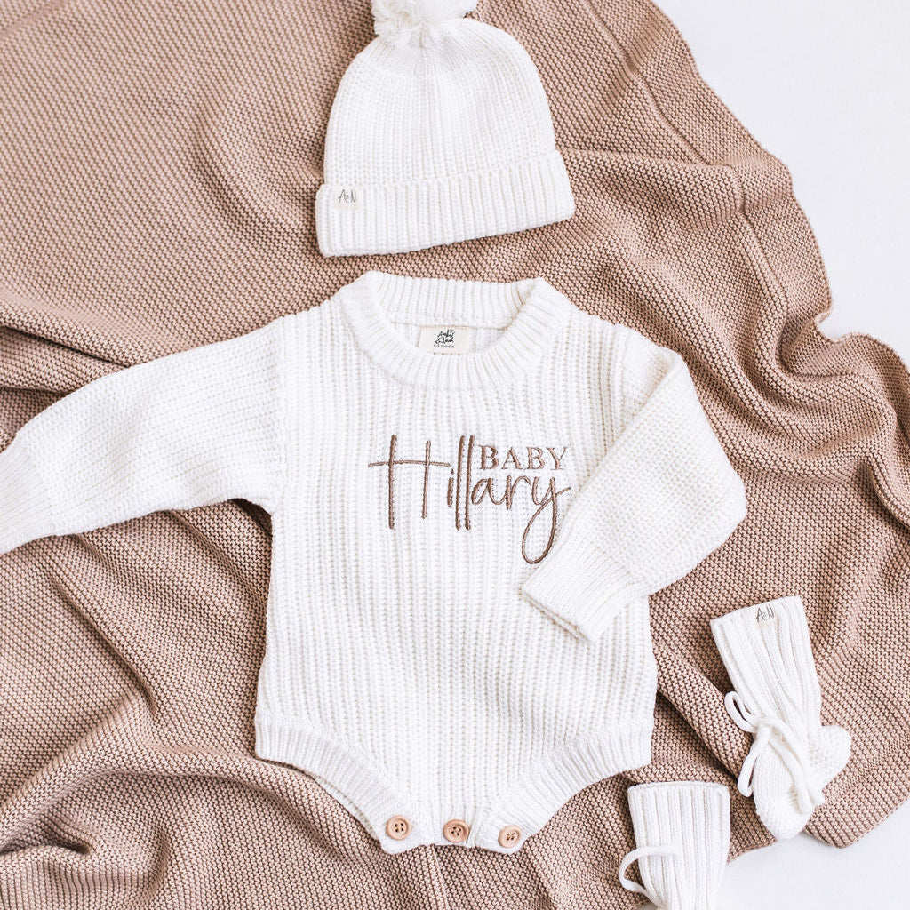White Personalised Luxury Knitted Romper – Amber and Noah