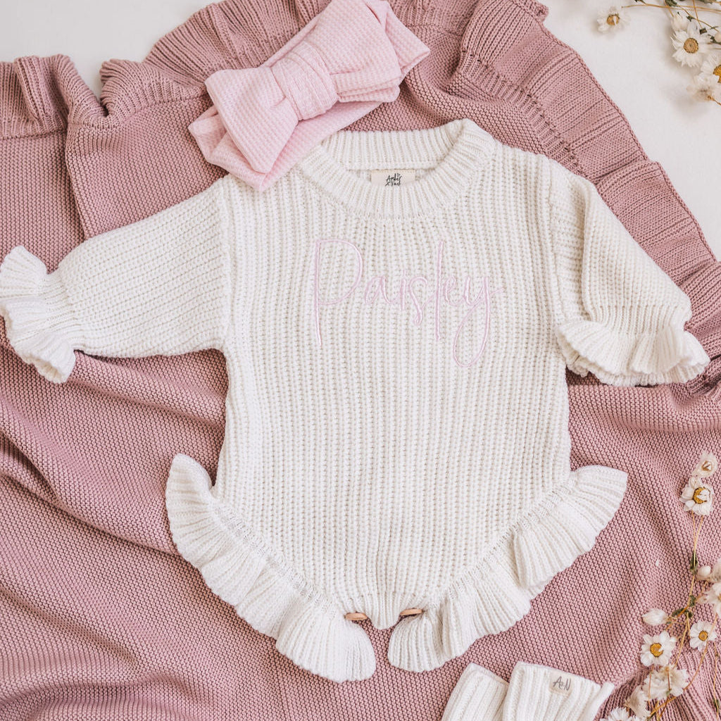 Personalised White Frill Knitted Romper