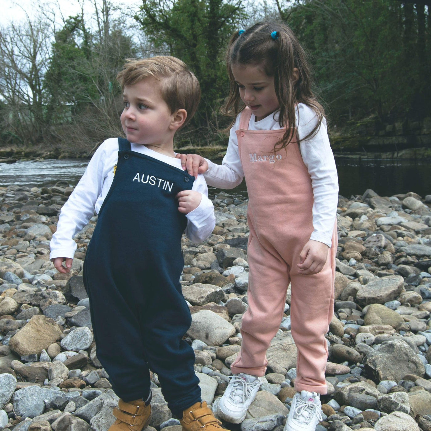 Embroidered Personalised Fleece Dungarees - Amber and Noah