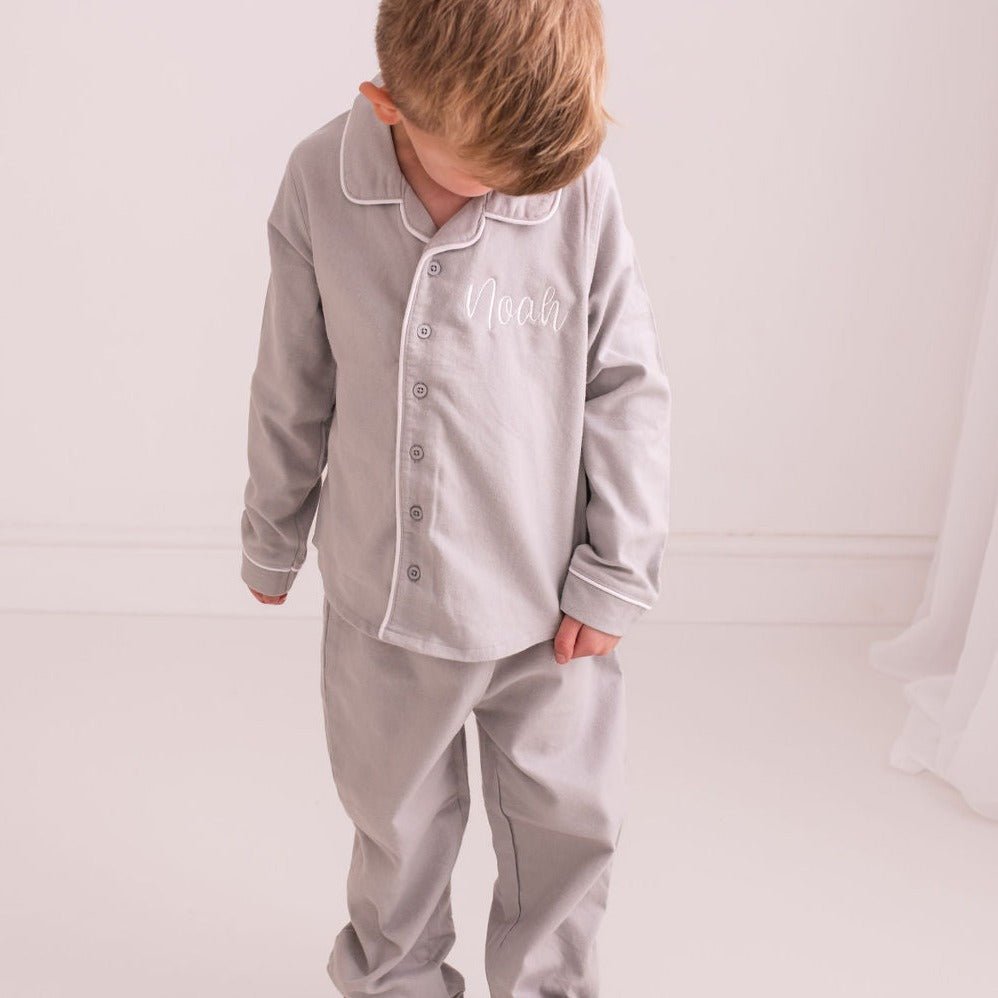 Grey Embroidered Classic Pyjamas - Amber and Noah
