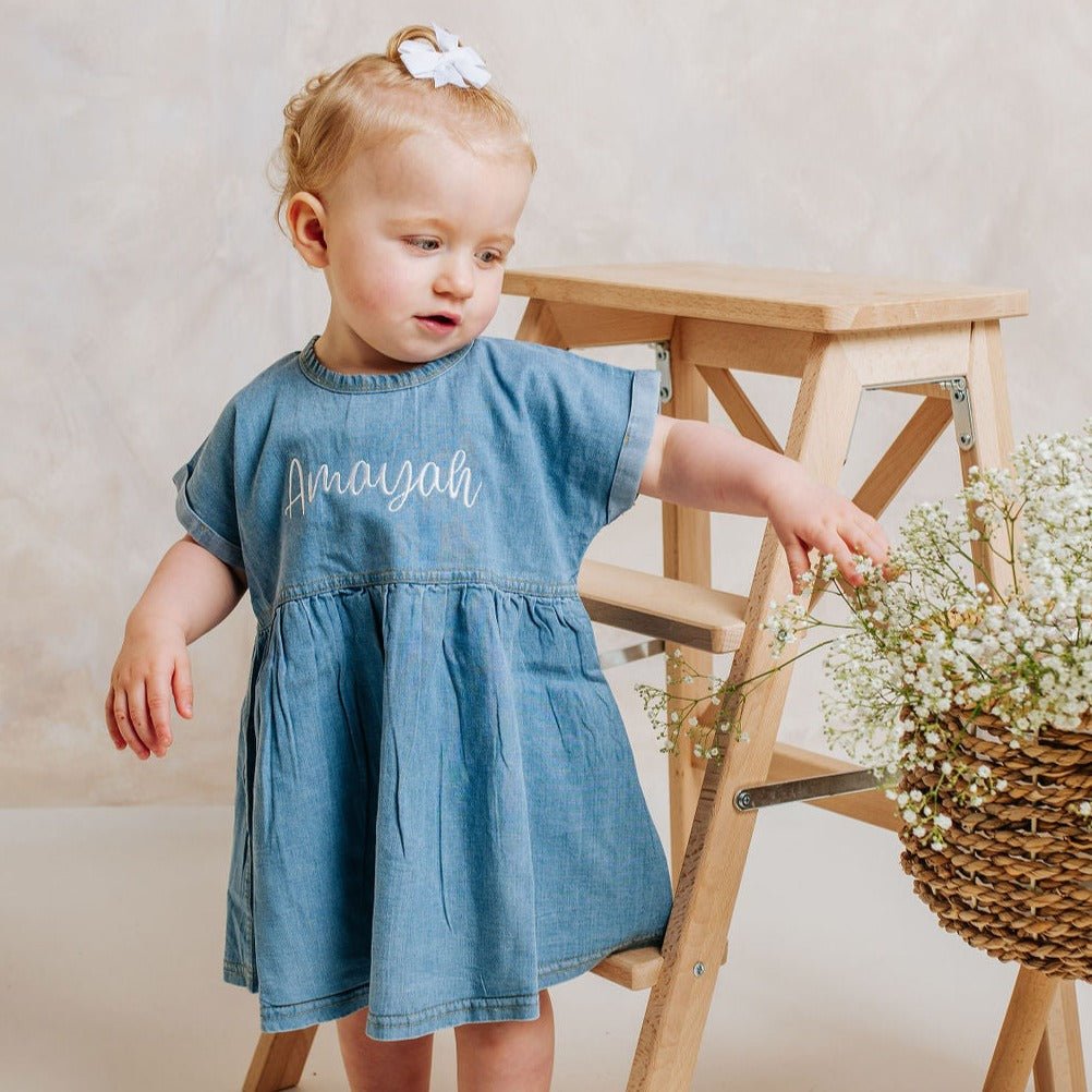 denim dress with white embroidery Midnight Bloom Embroidered Denim Mini Dress Bliss