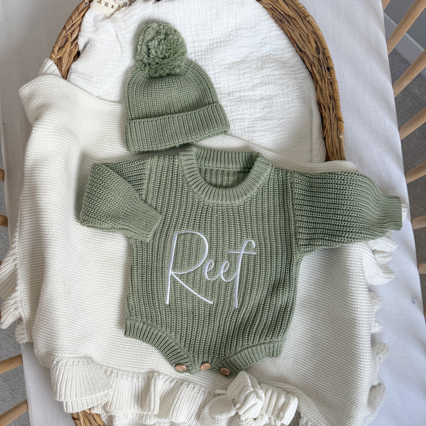 Sage Green Personalised Luxury Knitted Romper - PRE ORDER