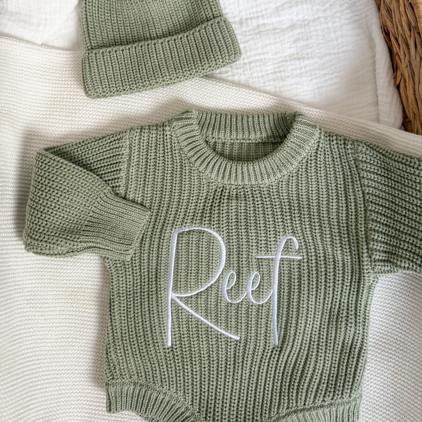 Sage Green Personalised Luxury Knitted Romper - PRE ORDER