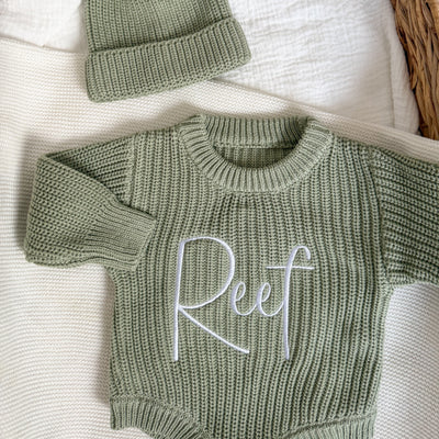 Sage Green Personalised Luxury Knitted Romper - PRE ORDER