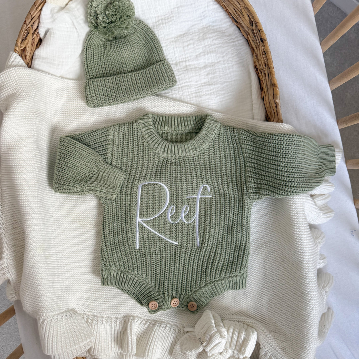 Sage Green Personalised Luxury Knitted Romper - PRE ORDER