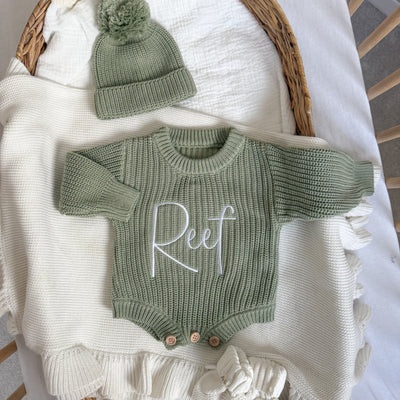 Sage Green Personalised Luxury Knitted Romper - PRE ORDER