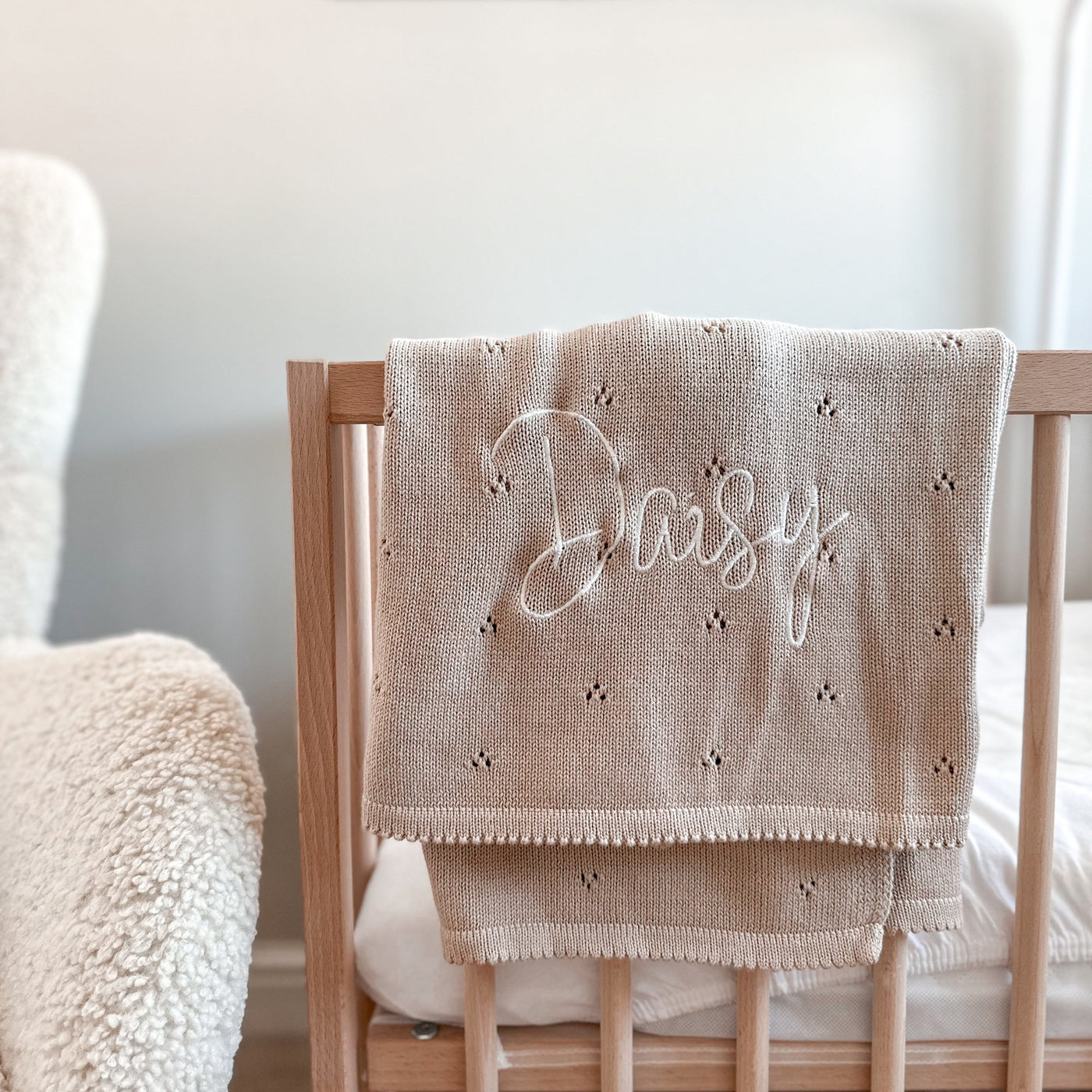 Beige Pointelle Personalised Baby Knit Blanket