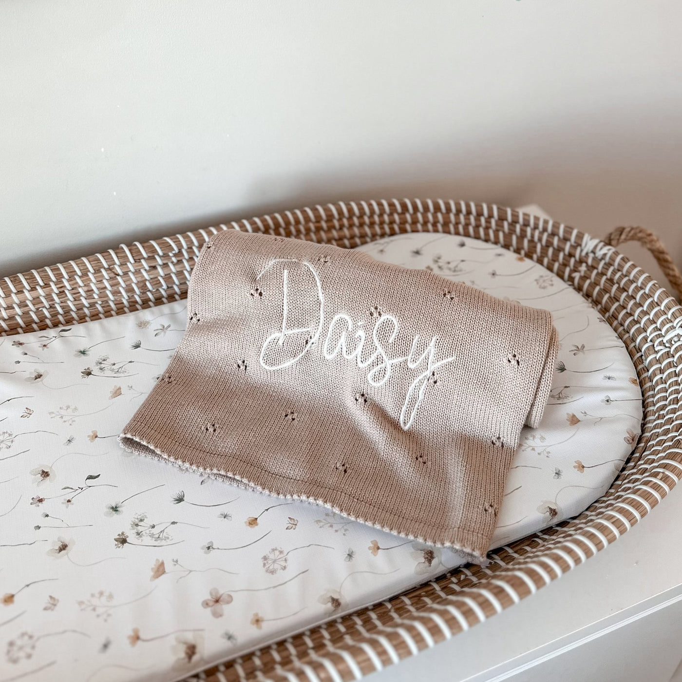 Beige Pointelle Personalised Baby Knit Blanket