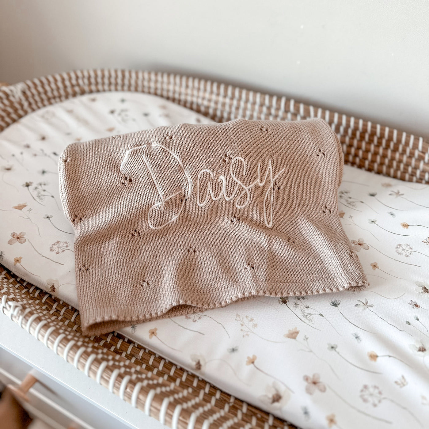 Beige Pointelle Personalised Baby Knit Blanket