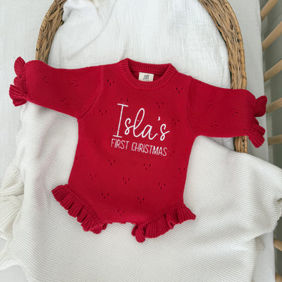 First Christmas Red Pointelle Frill Knitted Romper