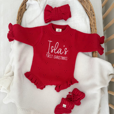 First Christmas Red Pointelle Frill Knitted Romper