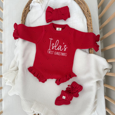 First Christmas Red Pointelle Frill Knitted Romper