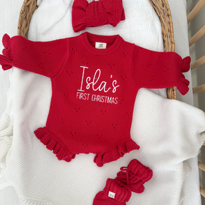 First Christmas Red Pointelle Frill Knitted Romper