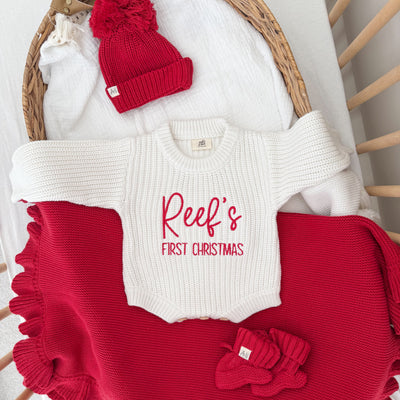 White First Christmas Personalised Luxury Knitted Romper