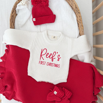 White First Christmas Personalised Luxury Knitted Romper