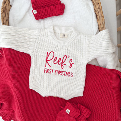 White First Christmas Personalised Luxury Knitted Romper
