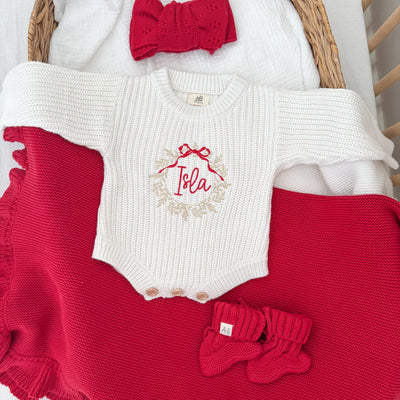 White Wreath Christmas Personalised Luxury Knitted Romper