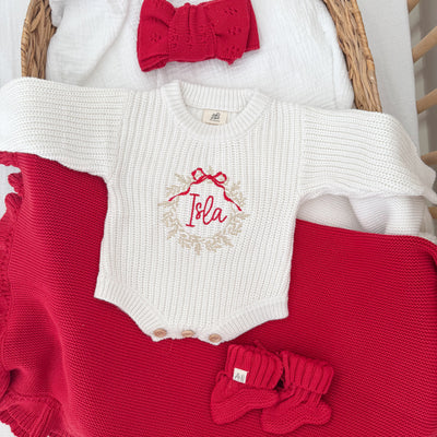 White Wreath Christmas Personalised Luxury Knitted Romper