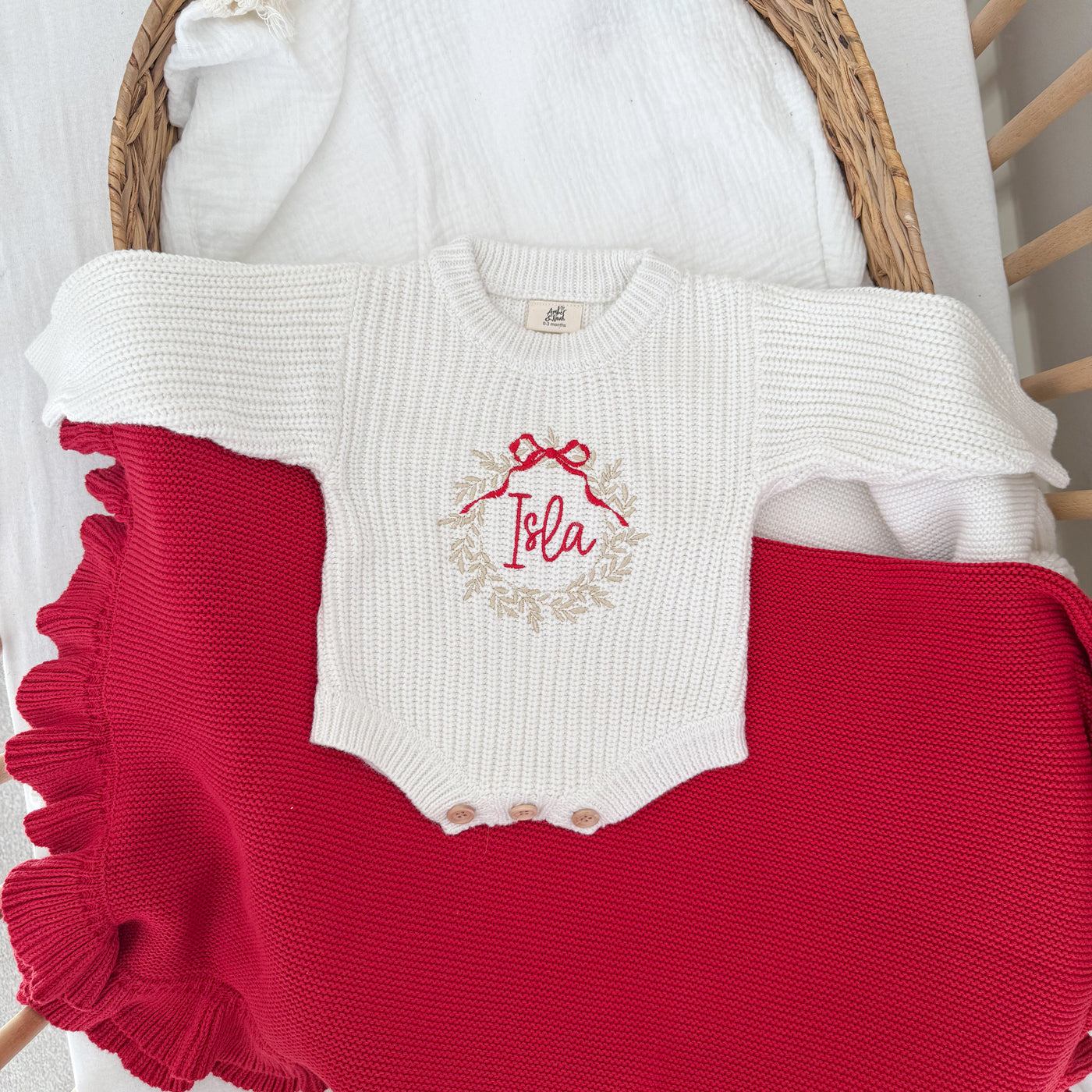 White Wreath Christmas Personalised Luxury Knitted Romper