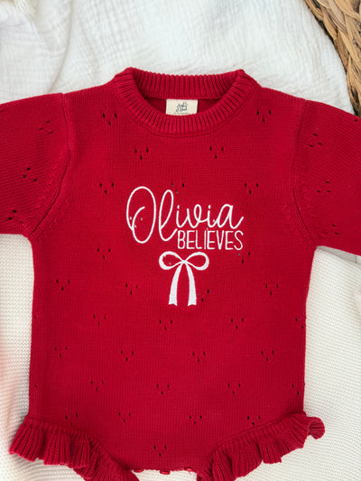 Red Pointelle Believes Christmas Frill Knitted Romper