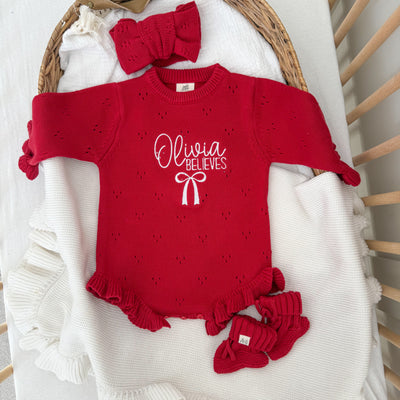 Red Pointelle Believes Christmas Frill Knitted Romper