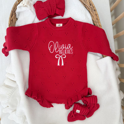 Red Pointelle Believes Christmas Frill Knitted Romper