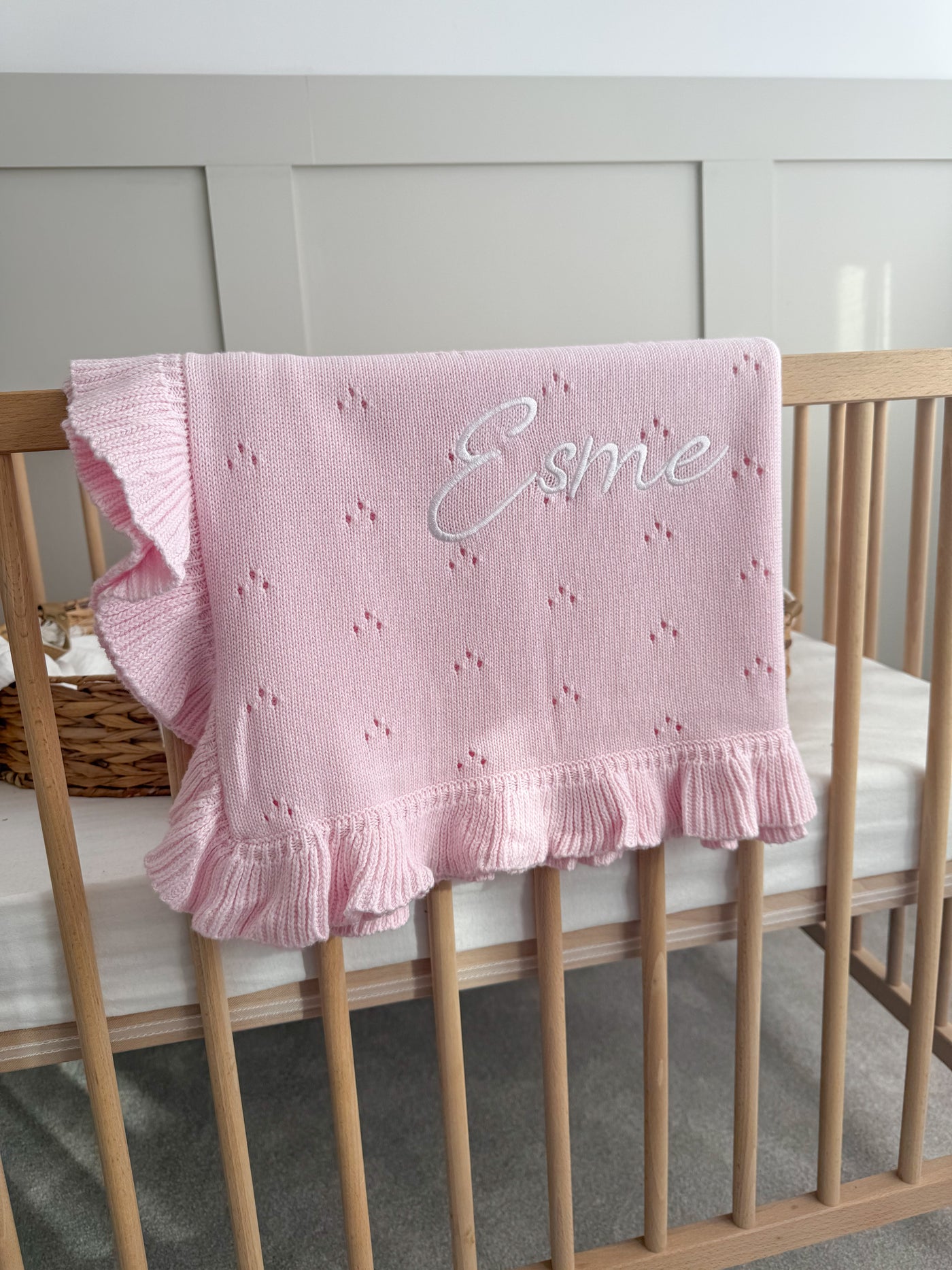 Pink Pointelle Frill Personalised Blanket - signature font