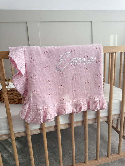 Pink Pointelle Frill Personalised Blanket - signature font