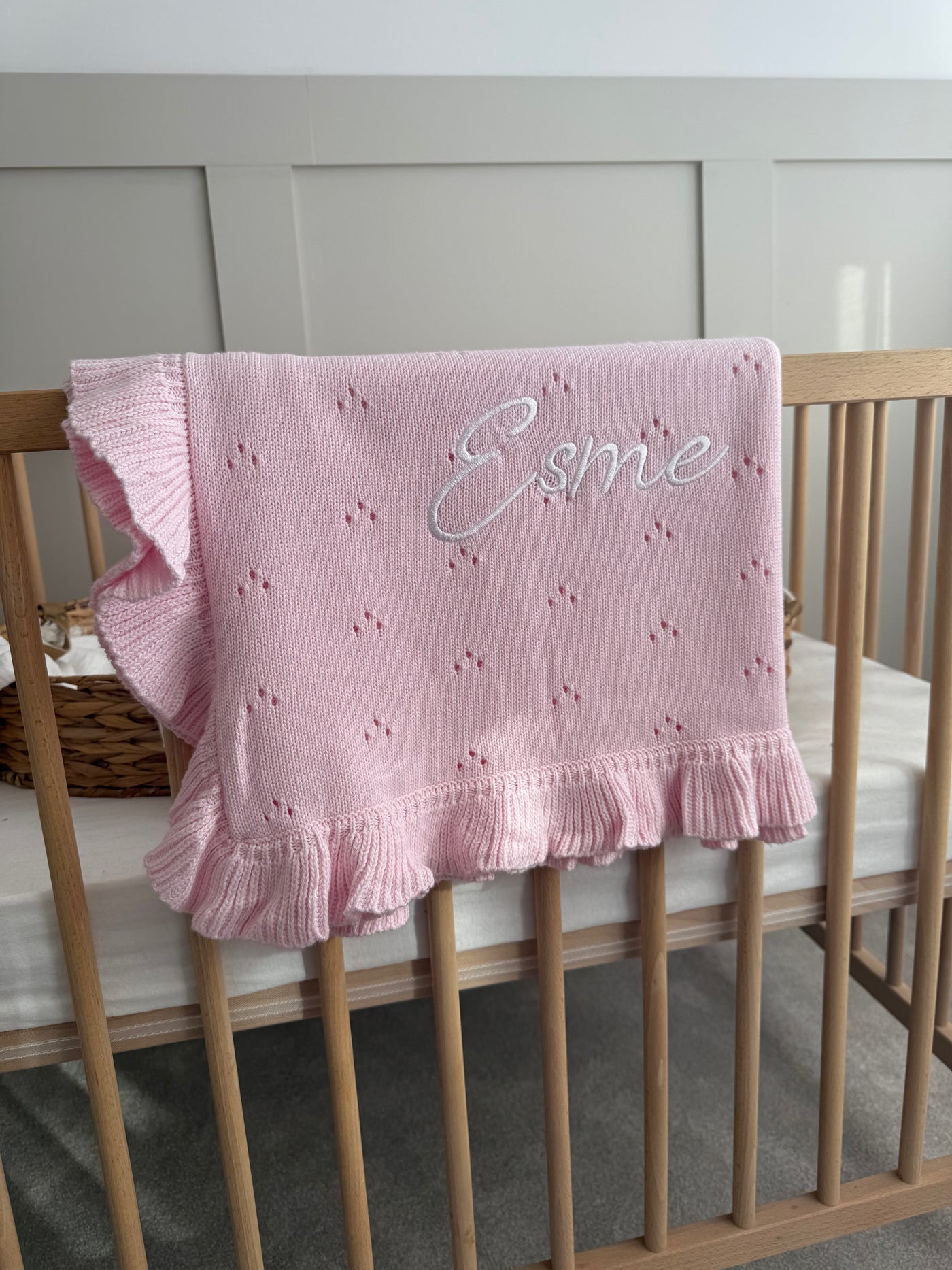 Pink Pointelle Frill Personalised Blanket - signature font
