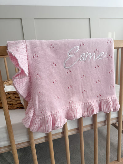 Pink Pointelle Frill Personalised Blanket - signature font