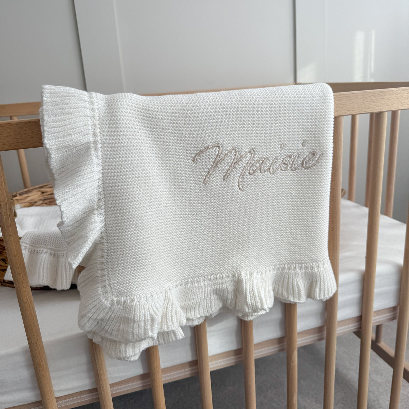 White Frill Personalised Blanket - signature font