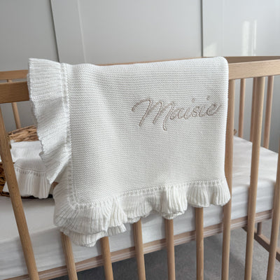 White Frill Personalised Blanket - signature font