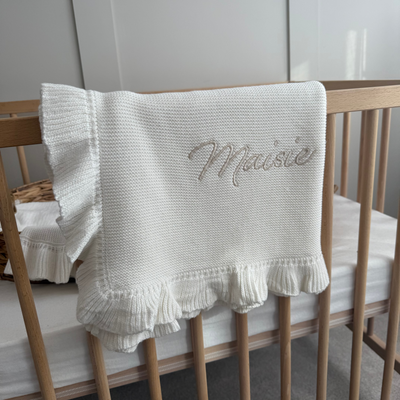 White Frill Personalised Blanket - signature font