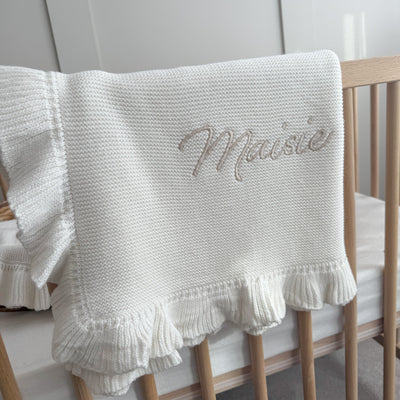 White Frill Personalised Blanket - signature font