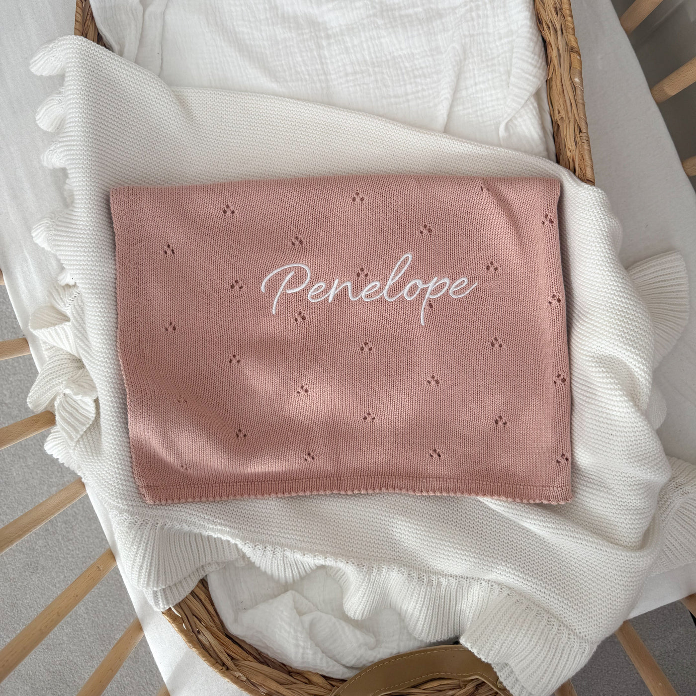 Pink Pointelle Personalised Baby Knit Blanket - Signature Font