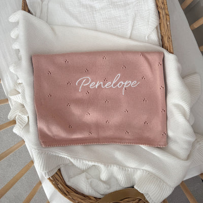 Pink Pointelle Personalised Baby Knit Blanket - Signature Font