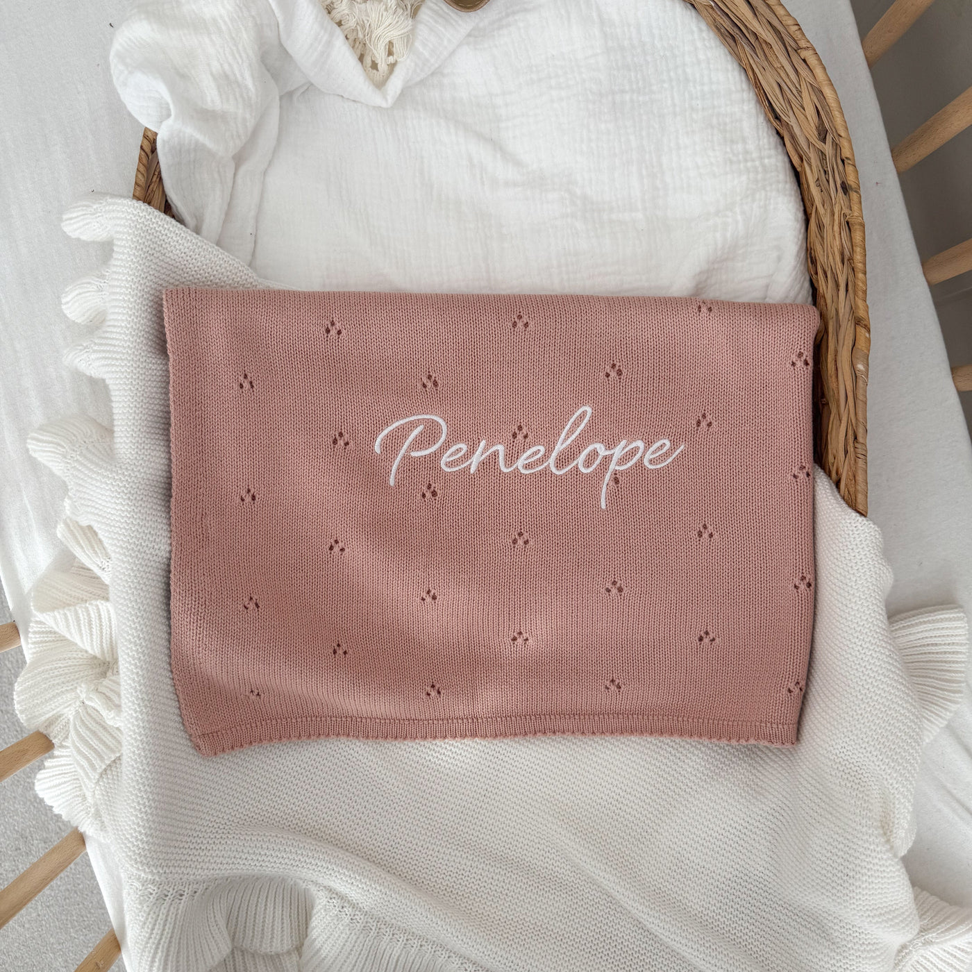 Pink Pointelle Personalised Baby Knit Blanket - Signature Font