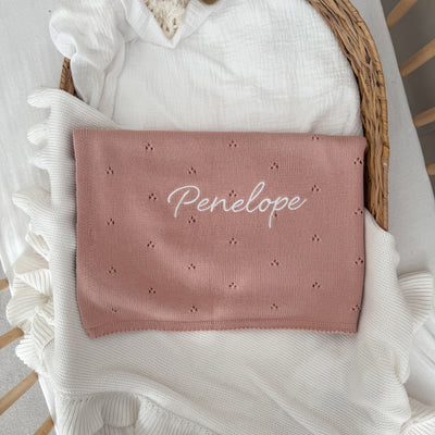 Pink Pointelle Personalised Baby Knit Blanket - Signature Font