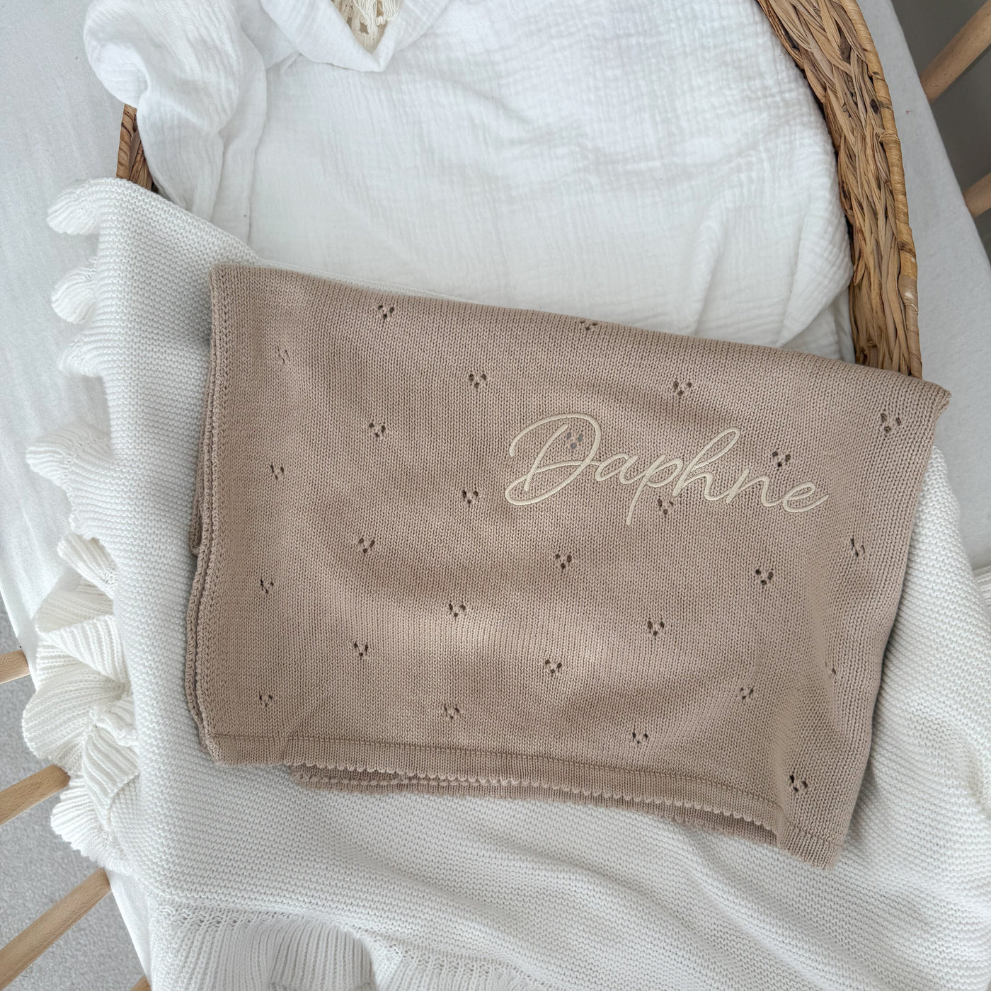 Beige Pointelle Personalised Baby Knit Blanket - Signature Font