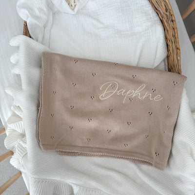 Beige Pointelle Personalised Baby Knit Blanket - Signature Font