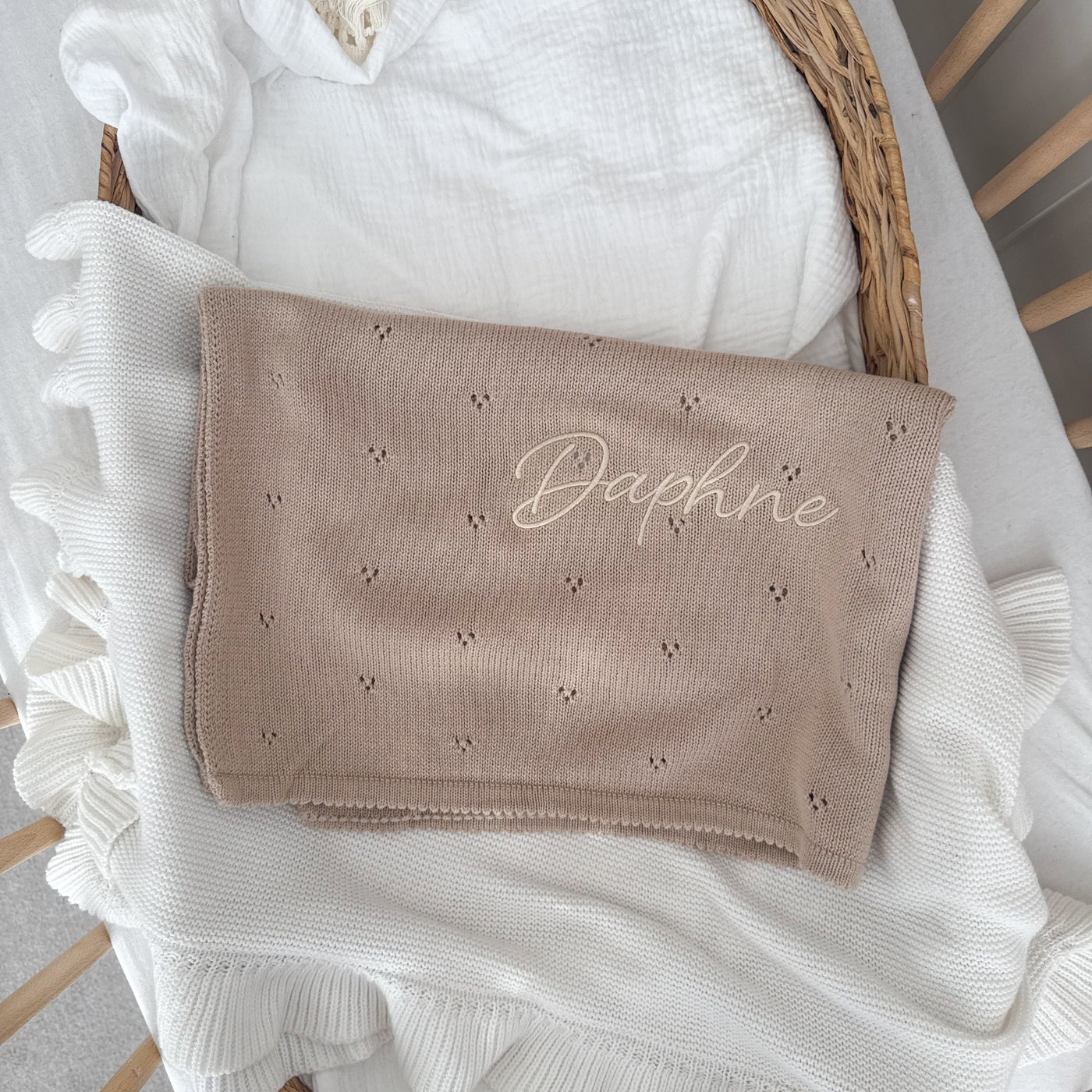 Beige Pointelle Personalised Baby Knit Blanket - Signature Font