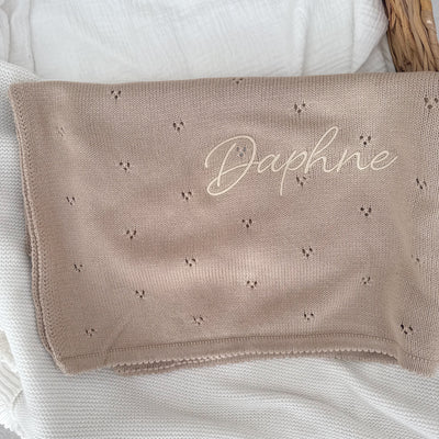 Beige Pointelle Personalised Baby Knit Blanket - Signature Font