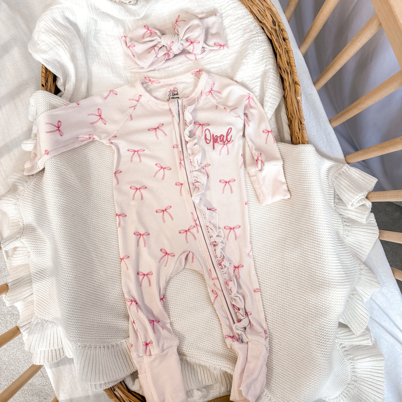 Personalised Bow Ribbed Zip Sleepsuit
