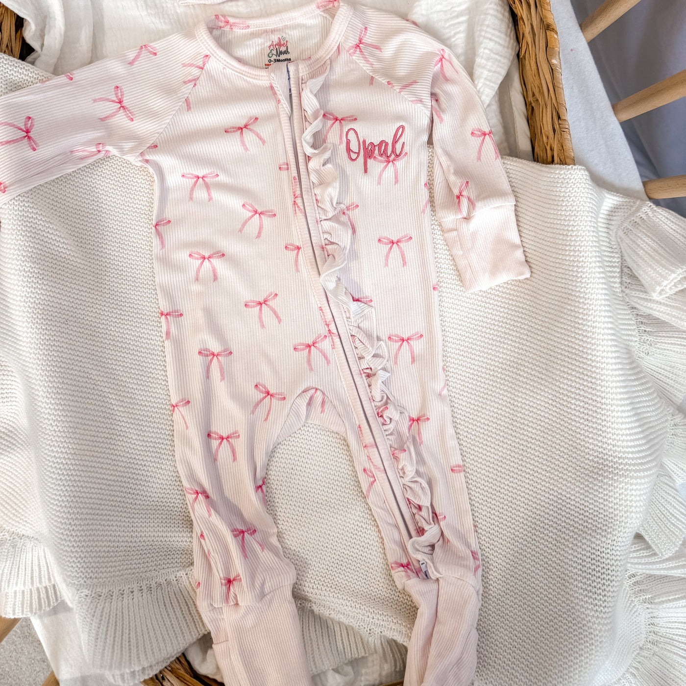 Personalised Bow Ribbed Zip Sleepsuit