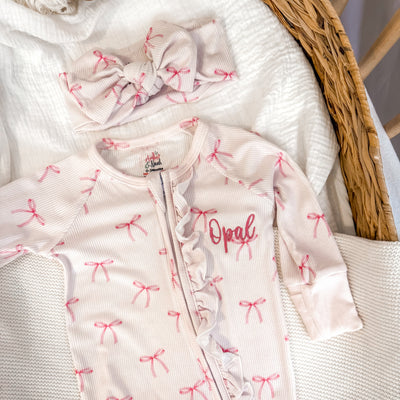 Personalised Bow Ribbed Zip Sleepsuit