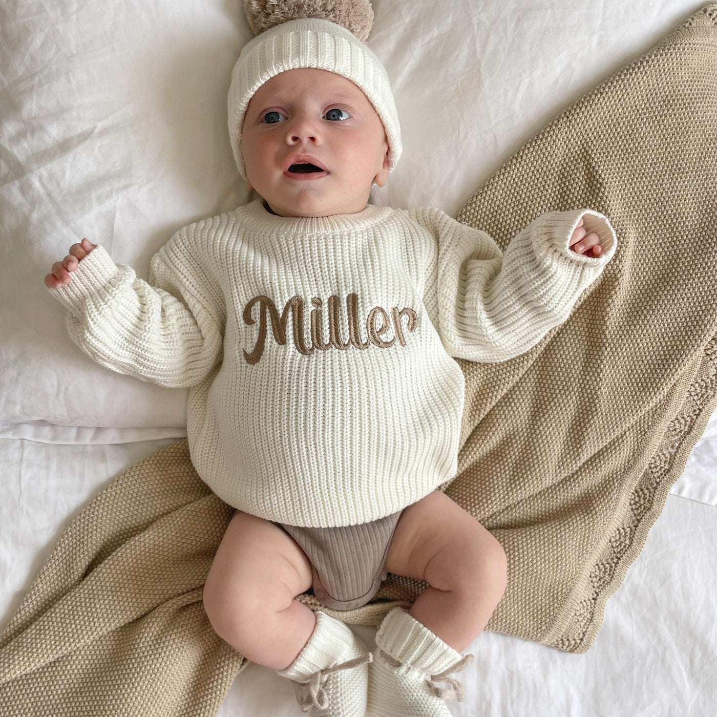 Baby White Bold Script Personalised Knitted Jumper