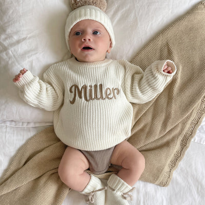 Baby White Bold Script Personalised Knitted Jumper