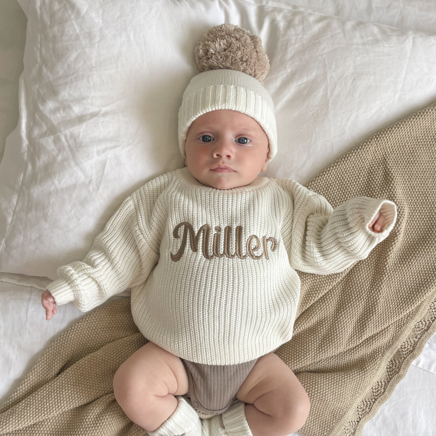 Baby White Bold Script Personalised Knitted Jumper