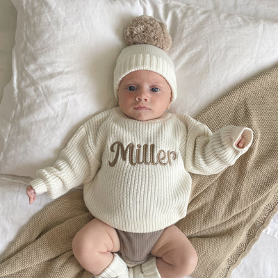 Baby White Bold Script Personalised Knitted Jumper