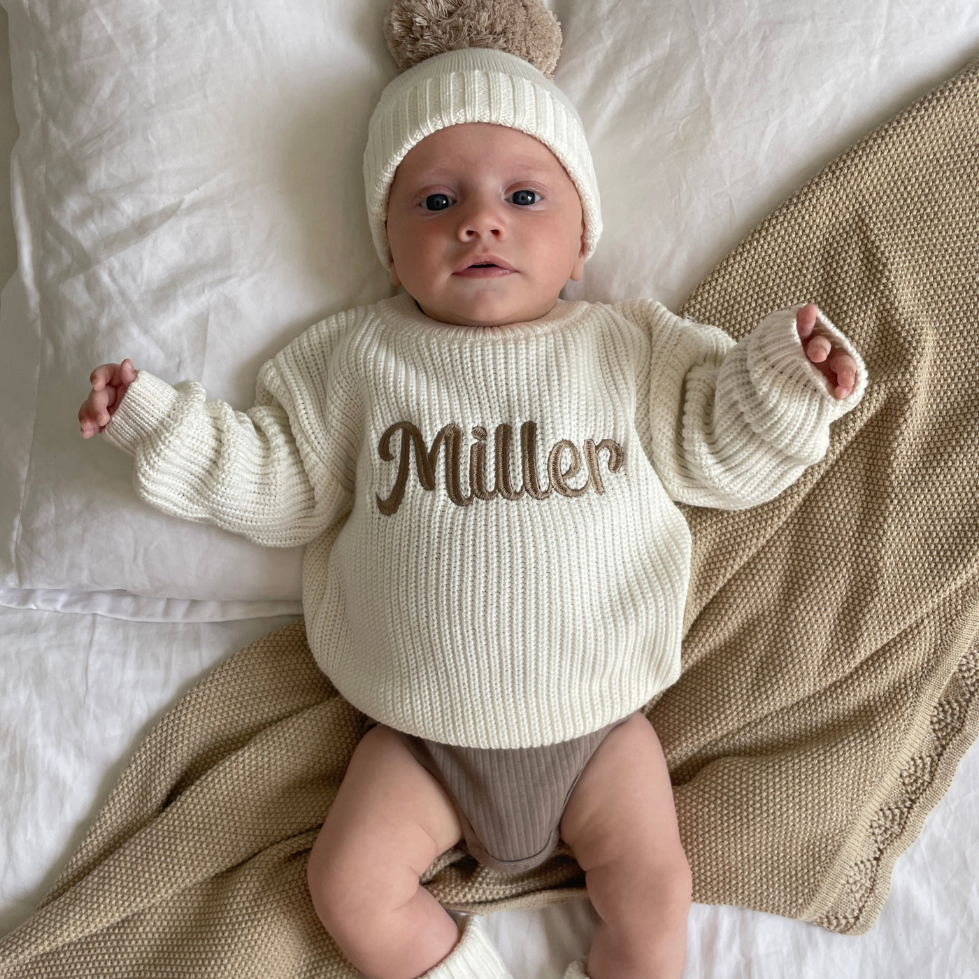 Baby White Bold Script Personalised Knitted Jumper
